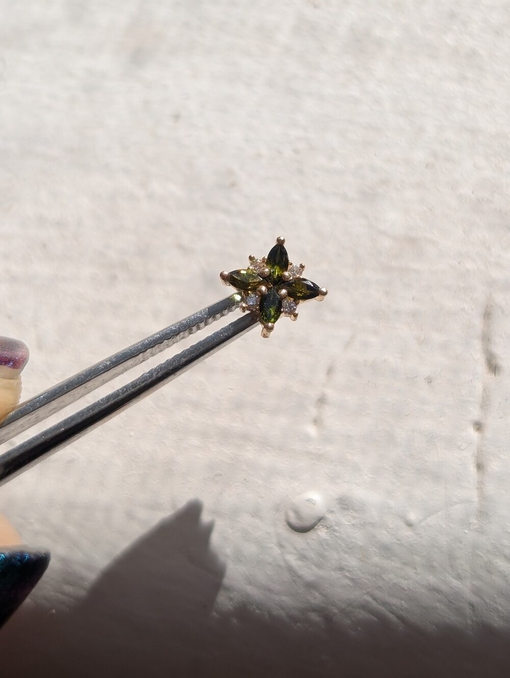 BVLA Mini Pleades green tourmaline + diamonds, 14k yellow gold, 16g threaded!!!